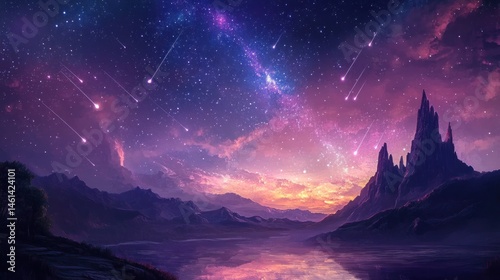 Fantasy landscape with a majestic castle under a vibrant night sky filled with shooting stars and a milky way.