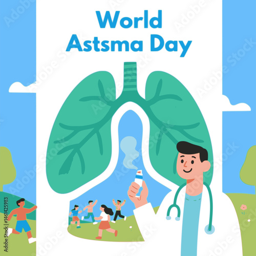 Cheerful asthma awareness vector with a doctor, kids, healthy lungs, bright, fun, and perfect for health campaigns.