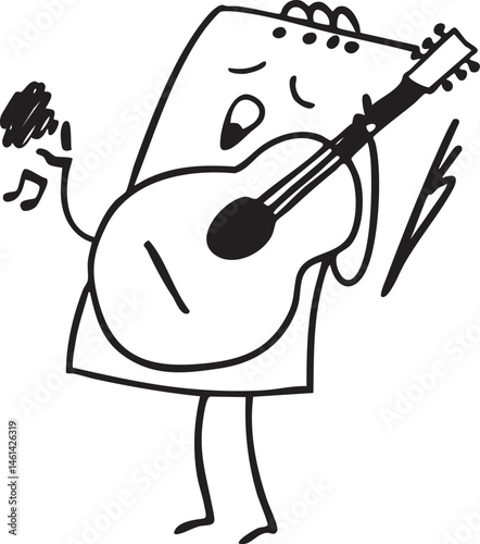 A stylized cartoon figure plays a guitar with joyful expression.