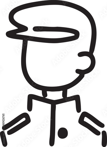A stylized figure wearing a hat stands with feet apart.