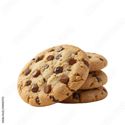 A stack of chocolate chip cookies with visible gooey chips and crumb texture, on a white background.