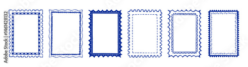 Stamp frames. Vintage coastal borders. Squiggle hand drawn frame for menu, wedding invitation, Italian party. Coastal ornament border design. Doodle wiggle retro stamp poster. Scallop crayon emblem bg