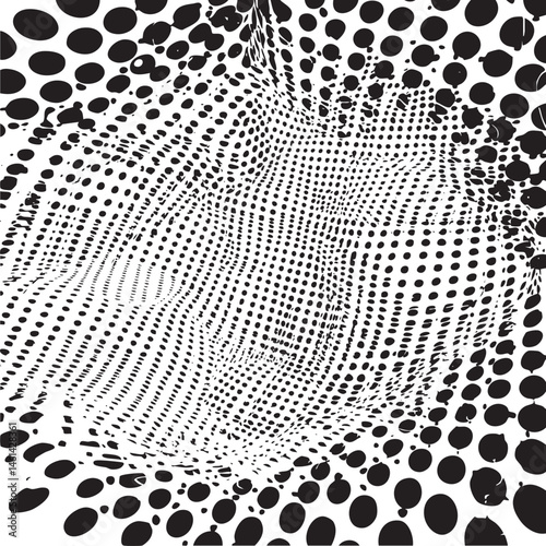 A densely patterned black and white sphere dominates the composition.