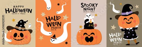 Happy halloween party invitation card with spooky pumpkin in witch hat and cute ghost. Holidays cartoon character. -Vector
