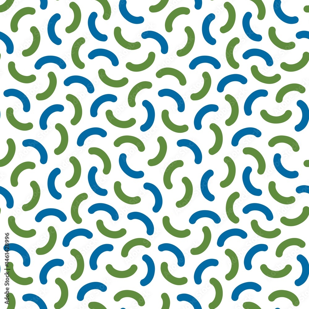 A geometrical seamless pattern with big blue and green curved elements on a white background