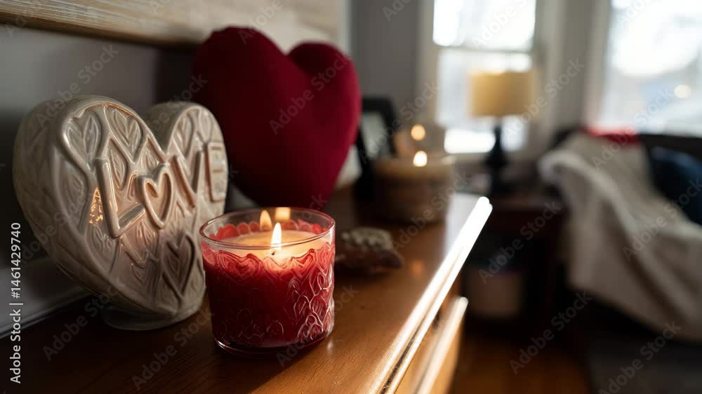 A cozy living room adorned with heart decorations and candles, creating an inviting atmosphere that evokes warmth, love, and fond memories shared with loved ones.