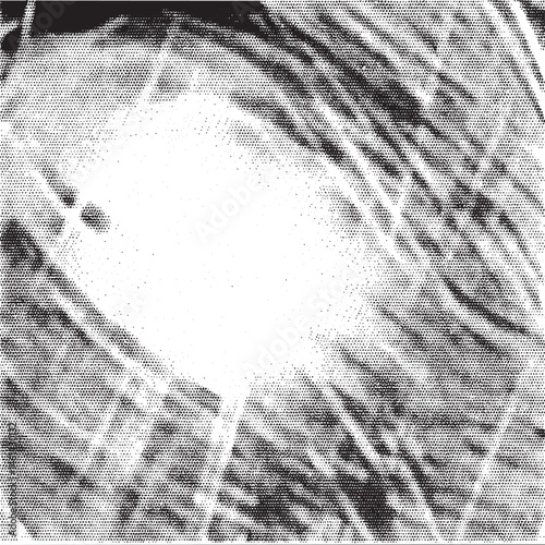 A textured white circle dominates a grainy black and white background.