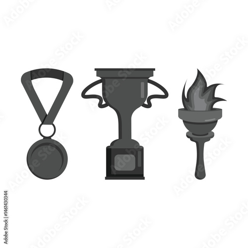 A set of gray silhouettes of symbols related to sports and achievements: a medal with a ribbon, a trophy with handles and a torch with a flame.