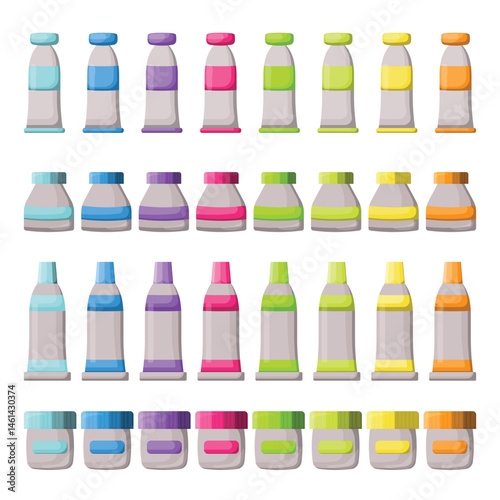 A color set of metal tubes and jars for acrylic paint. Tubes for watercolor. Elements of drawing tools.