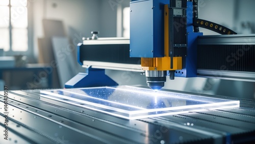 Blue cnc machine cutting glass in factory