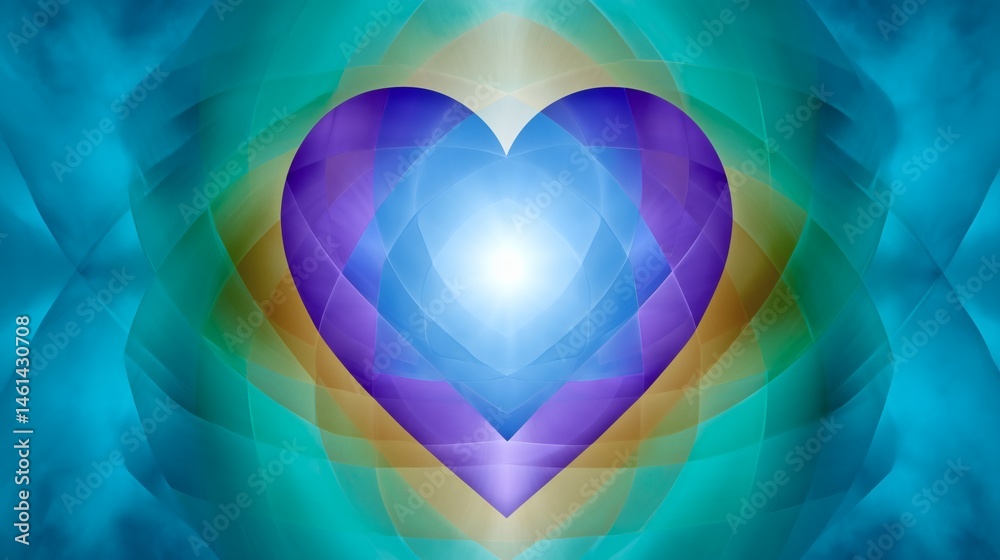 Abstract layered heart glowing center, Cool tones in spiritual energy design, Great for meditation or emotional expression visuals