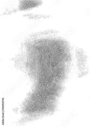 A grayscale portrait emerges from a dense field of black dots.