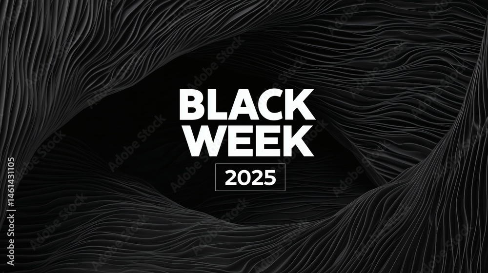 Black Week 2025 bold sale banner, Abstract dark 3D wave background, Modern promo graphic for online deals and shopping