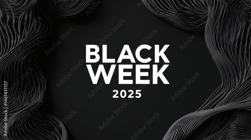 Black Week 2025 discount background, Abstract ribbon texture around sale text, Use for advertising banners or store landing pages
