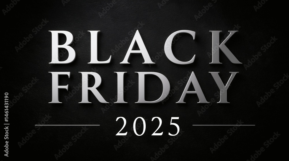 Black Friday 2025 elegant text design, Silver letters on dark background, Stylish banner for sale or ecommerce promotion