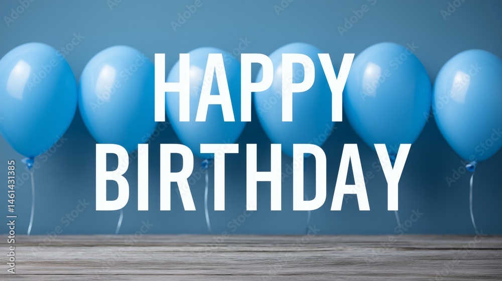 Blue birthday balloons with rustic table, Bold birthday greeting on blue background, Party decoration with modern simplicity