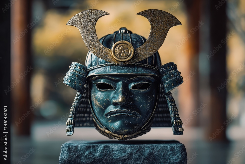 Obraz premium Detailed close-up of a bronze-colored samurai helmet.