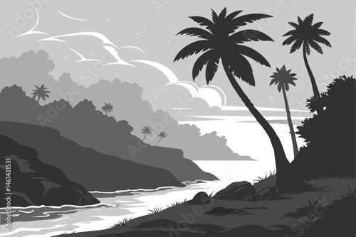 76 Black and white landscape, tropical island, palm trees, rocky coastline, high contrast, silhouette, dramatic sky, misty ocean, ethereal atmosphere, surreal, dreamlike, monochrome art, digital illus