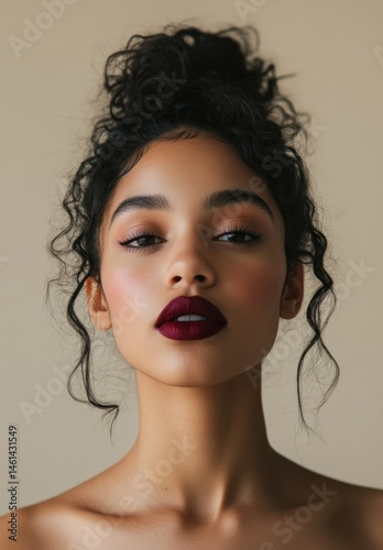 A Black woman with a curly, natural hairstyle, radiant skin, and bright red lipstick is the subject of the portrait