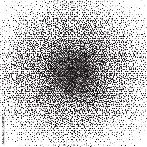 A dense array of small black dots radiates outward from a central dark void.