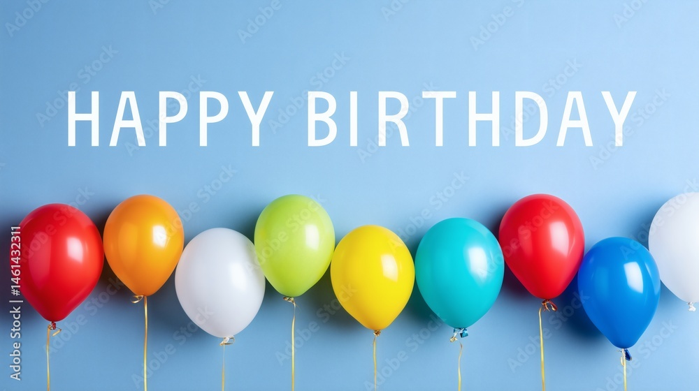 Colorful balloons on light blue background, Birthday greeting with minimal white text, Celebration template for kids or events