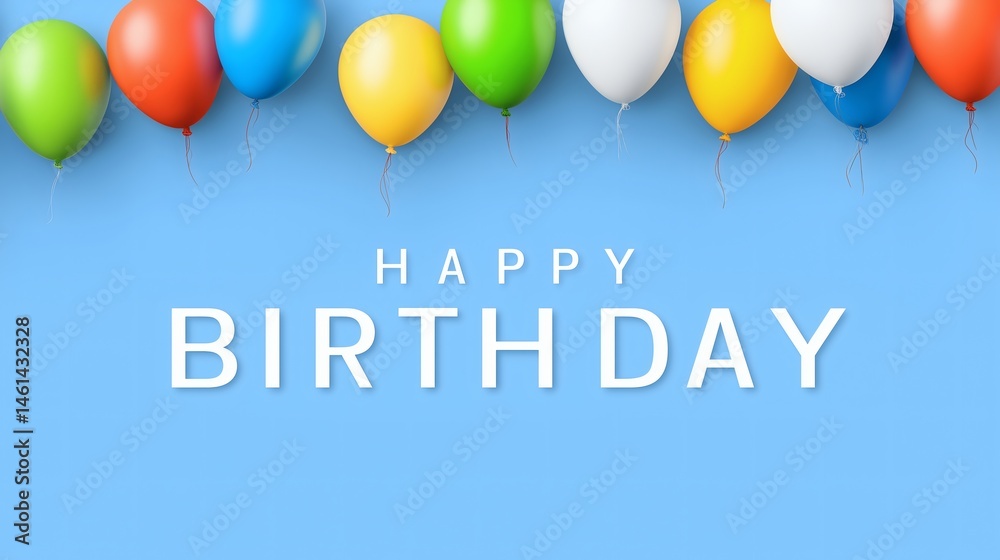 Colorful balloons with birthday greeting, Bright happy birthday text on blue, Clean celebration layout with playful style