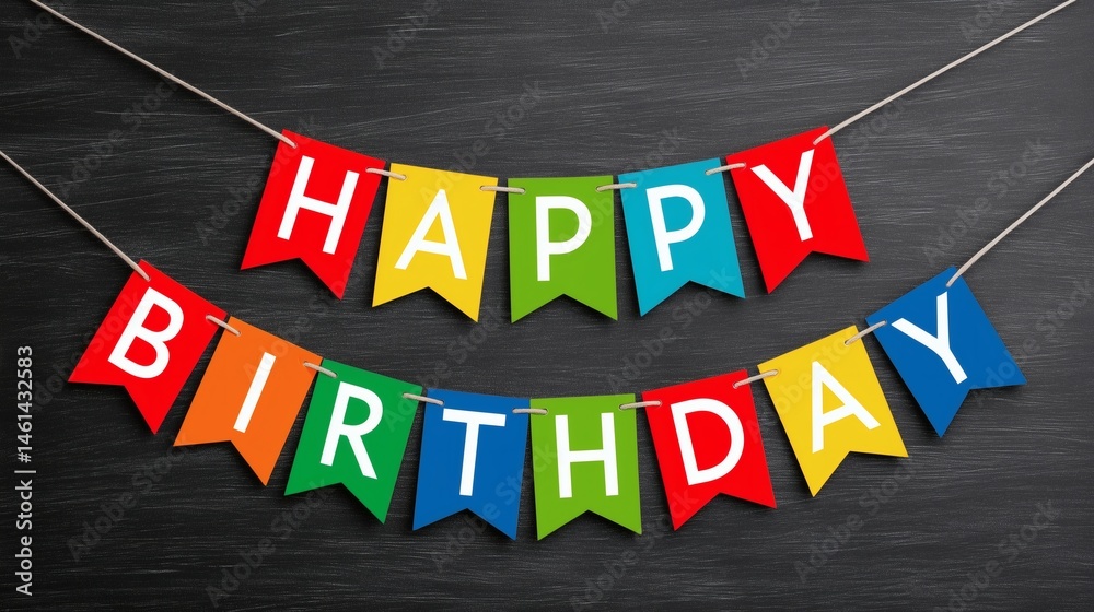 Colorful birthday banner on blackboard, Paper pennants with happy birthday letters, Fun party decor for festive occasions