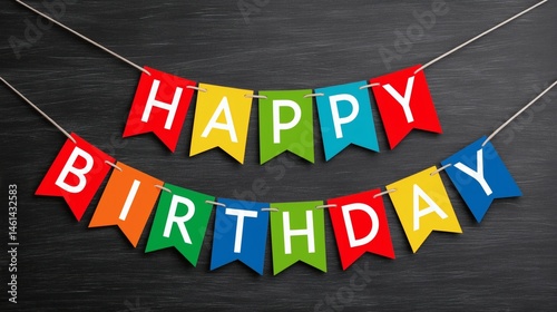 Obraz na płótnie Colorful birthday banner on blackboard, Paper pennants with happy birthday letters, Fun party decor for festive occasions w salonie