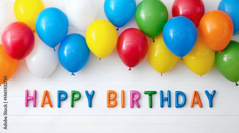 Colorful inflated balloon text with balloons, Birthday message made from air letters, Fun decoration for children’s parties or cards