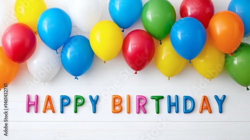 Colorful inflated balloon text with balloons, Birthday message made from air letters, Fun decoration for children’s parties or cards