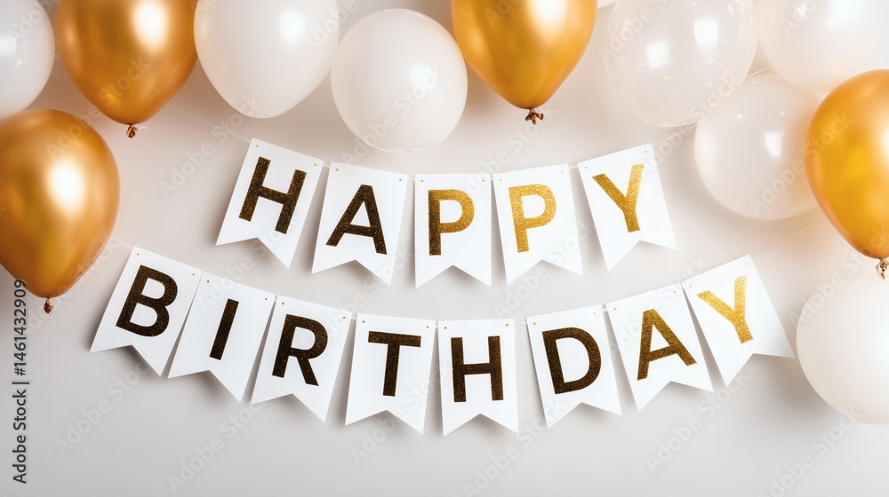 Elegant gold happy birthday banner, White and gold balloons for party decor, Celebration scene with metallic style