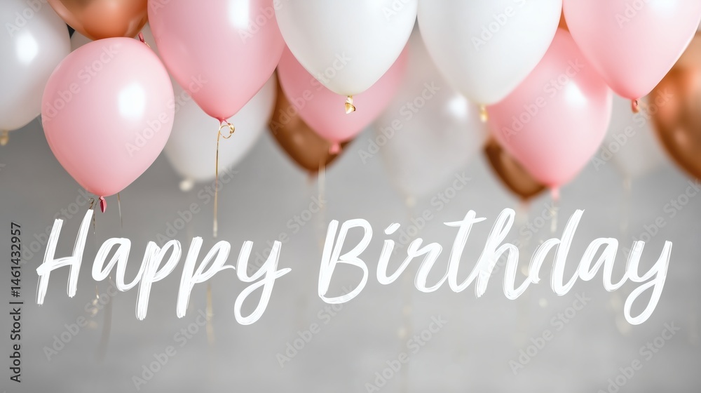 Elegant pink and white birthday balloons, Happy birthday in script with soft colors, Stylish image for greeting cards or invites