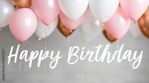 Obraz na płótnie Elegant pink and white birthday balloons, Happy birthday in script with soft colors, Stylish image for greeting cards or invites w salonie