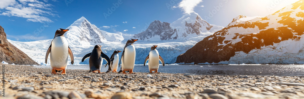 Obraz premium Gentle penguins walk along rocky shore, surrounded by stunning snow capped mountains and clear blue sky. serene landscape evokes sense of tranquility and wonder