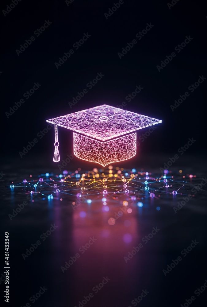 Fototapeta premium A Vibrant Graduation Cap Surrounded by Colorful Lights, Symbolizing Academic Achievement and the Joy of Learning in a Dark Setting