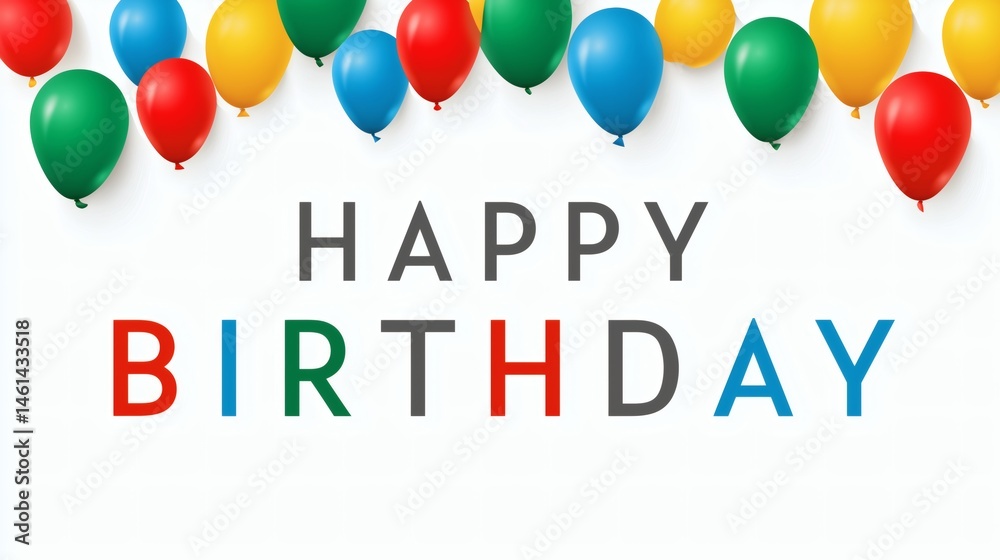 Happy birthday text with bright balloons, Simple birthday message on white background, Fun and clean greeting layout for events