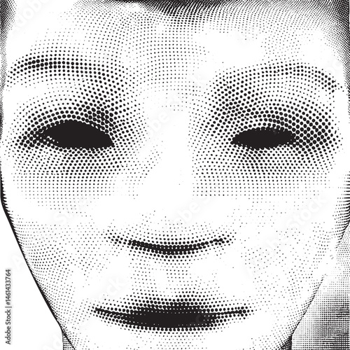 A stark black-and-white portrait of a face rendered with numerous tiny dots.