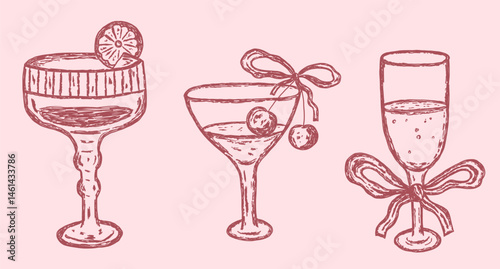 Set of glass fo margarita coctail and champagne in whimsial sketch style in pink girly color
