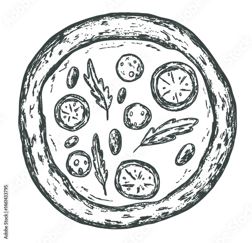 Italian traditional pizza wuth tomato in whimsial sketch style on transparent background