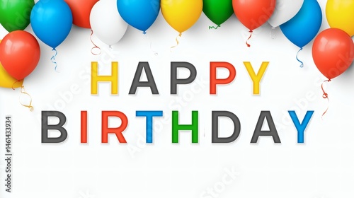 Multicolor balloons above happy birthday text, Colorful bold font and festive layout, Fun party background for celebrations