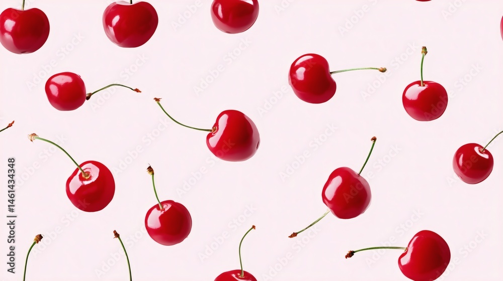 Red cherries on light background tiled pattern, Bright fruit isolated on pastel, Perfect for food design or packaging mockups