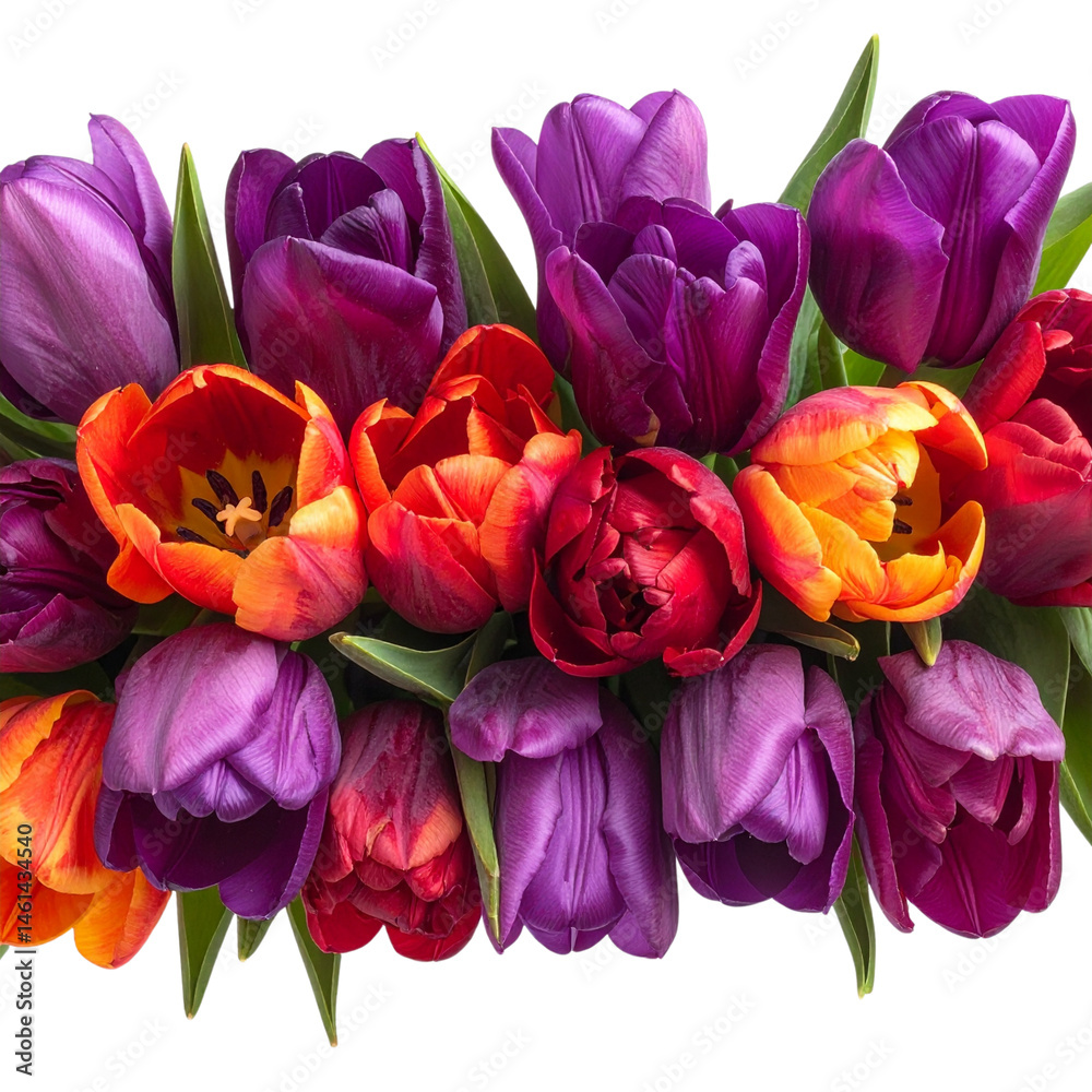 Fototapeta premium Vibrant tulips in various shades of purple, red, and orange create stunning floral arrangement, evoking feelings of joy and beauty. This colorful display is perfect for spring celebrations
