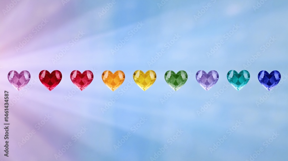 Row of rainbow gem hearts with light, Sparkling crystal hearts on soft background, Symbol of love, unity, or pride concepts