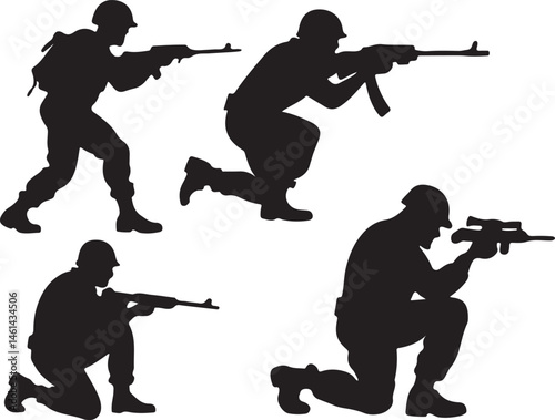 Soldiers in various shooting stances silhouette, black and white silhouette, vector and illustration