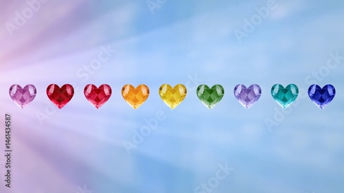Obraz na płótnie Row of rainbow gem hearts with light, Sparkling crystal hearts on soft background, Symbol of love, unity, or pride concepts w salonie