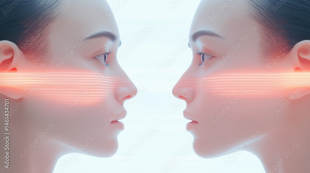 Fototapeta premium Two women facing each other, serene expressions, glowing light effect between them, emphasis on connection and harmony, ideal for wellness themes.