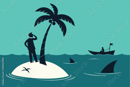 78 minimalist illustration, businessman stranded on tiny island with palm tree, rescue team in boat, shark fins in water, teal background, silhouette style, contrast, metaphor for business challenges,