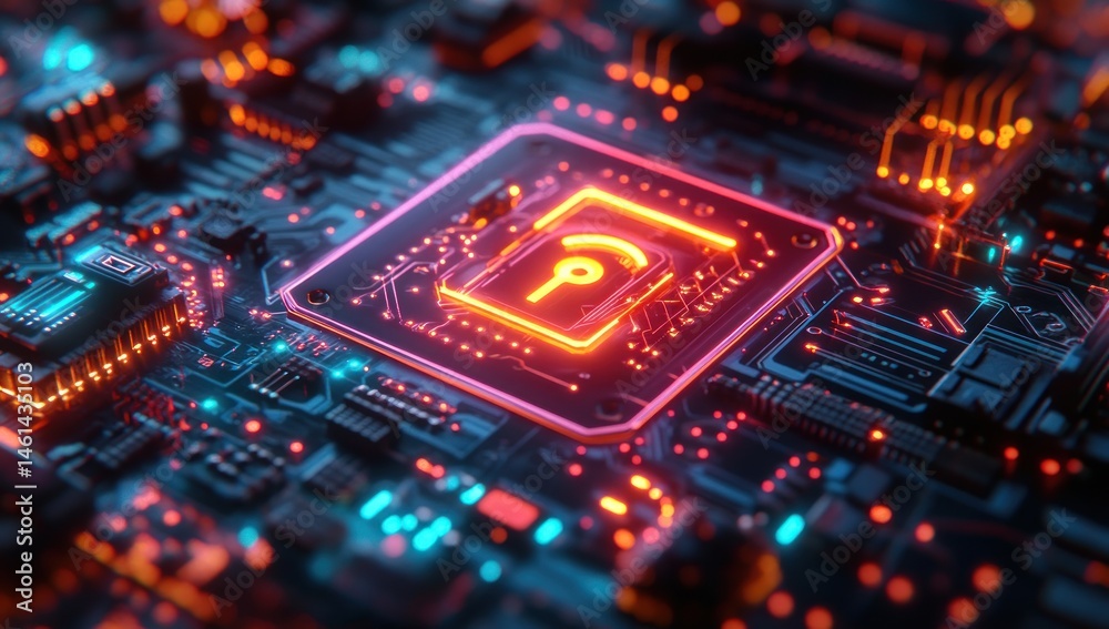 Circuit board with glowing processor Circuit board with glowing processor