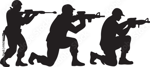 Soldiers in various shooting stances silhouette, black and white silhouette, vector and illustration