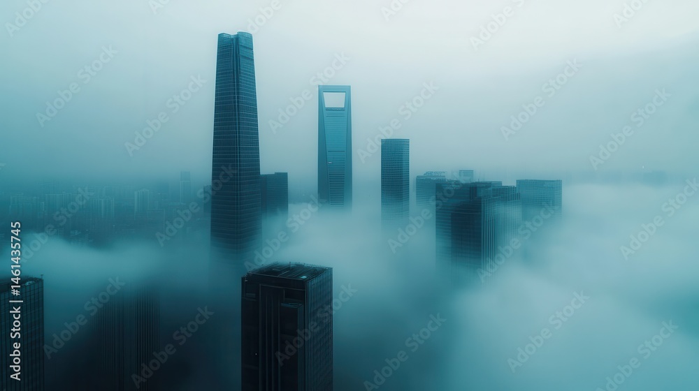 Fototapeta premium Misty skyline of tall buildings, urban landscape shrouded in fog, conveying a tranquil yet mysterious atmosphere.